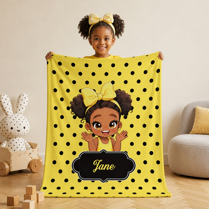 Personalized Polka Dots Cute Cartoon Little Girl Soft Flannel Blanket with Name Birthday Gift for Black Girl