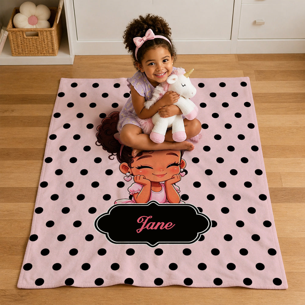 Personalized Polka Dots Cute Cartoon Little Girl Soft Flannel Blanket with Name Birthday Gift for Black Girl