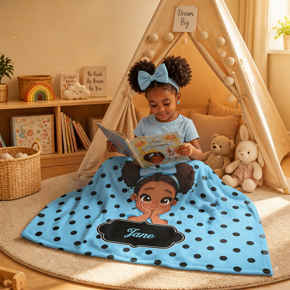 Personalized Polka Dots Cute Cartoon Little Girl Soft Flannel Blanket with Name Birthday Gift for Black Girl
