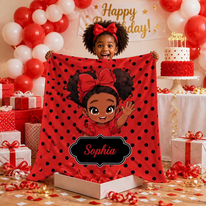 Personalized Polka Dots Cute Cartoon Little Girl Soft Flannel Blanket with Name Birthday Gift for Black Girl