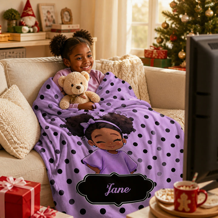 Personalized Polka Dots Cute Cartoon Little Girl Soft Flannel Blanket with Name Birthday Gift for Black Girl