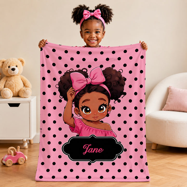 Personalized Polka Dots Cute Cartoon Little Girl Soft Flannel Blanket with Name Birthday Gift for Black Girl