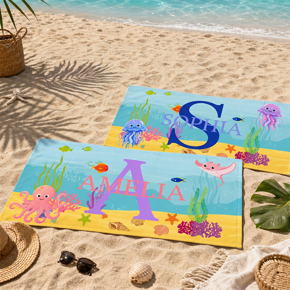 Personalized Sea Animal Kids Beach Towel Custom Name Initial for Children Summer Pool Travel Gift