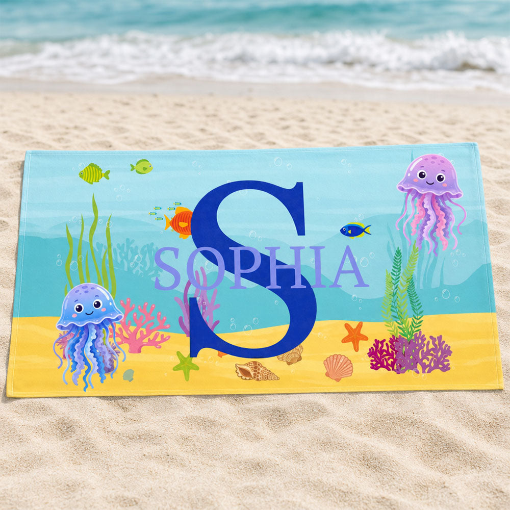Personalized Sea Animal Kids Beach Towel Custom Name Initial for Children Summer Pool Travel Gift