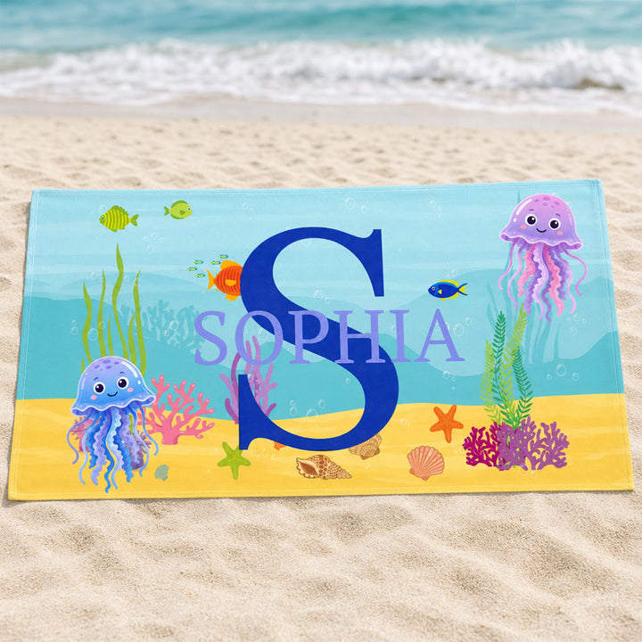 Personalized Sea Animal Kids Beach Towel Custom Name Initial for Children Summer Pool Travel Gift