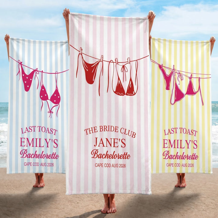 Personalized Bikini Beach Towel Custom Name Bachelorette Party Girls Trip 2026 Bachelorette Towels Beach Bachelorette Party Gifts