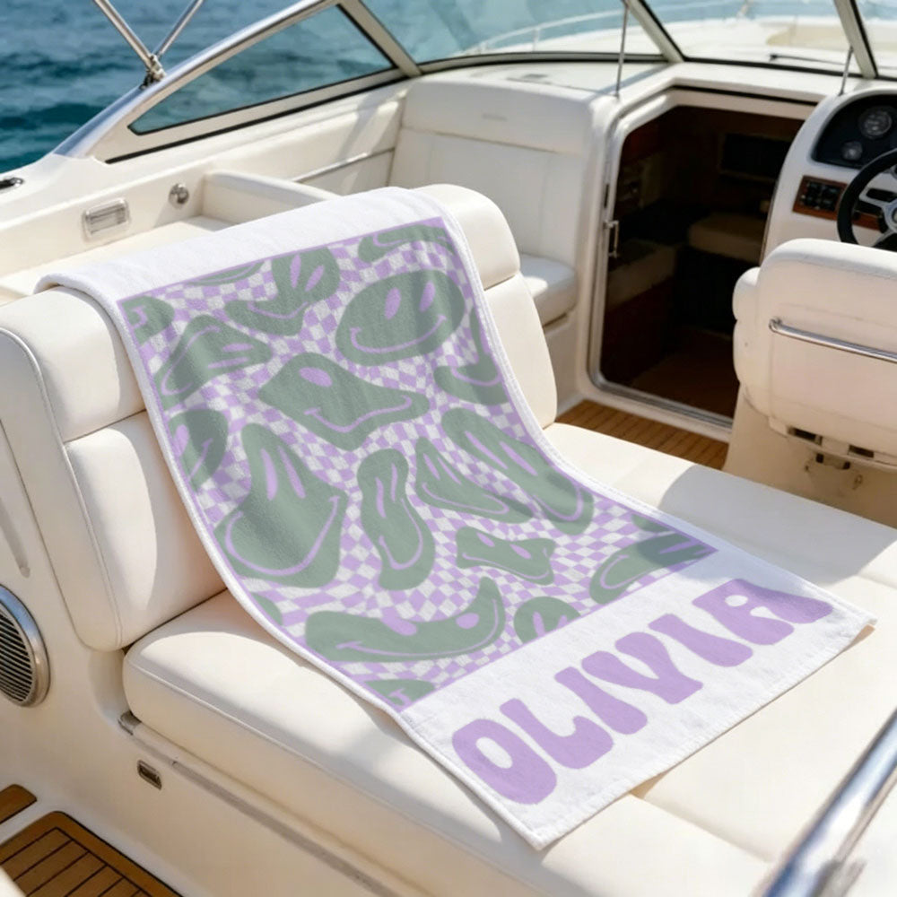 Personalized Retro Floral Smiley Face Custom Name Beach Towel Bachelorette Pool Party Girls Trip Gift