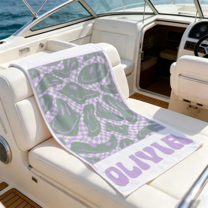 Personalized Retro Floral Smiley Face Custom Name Beach Towel Bachelorette Pool Party Girls Trip Gift