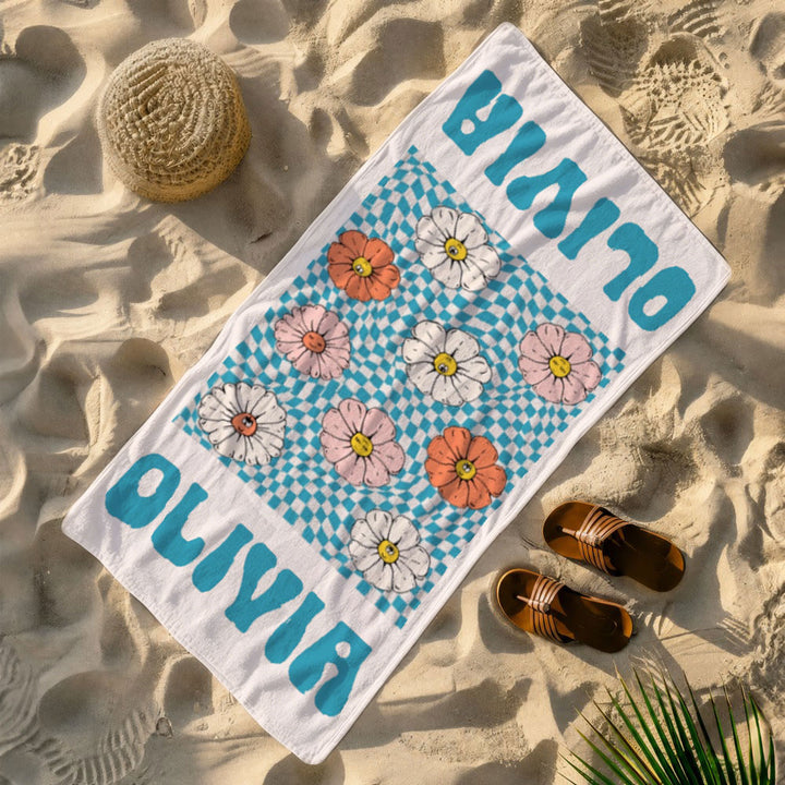 Personalized Retro Floral Smiley Face Custom Name Beach Towel Bachelorette Pool Party Girls Trip Gift