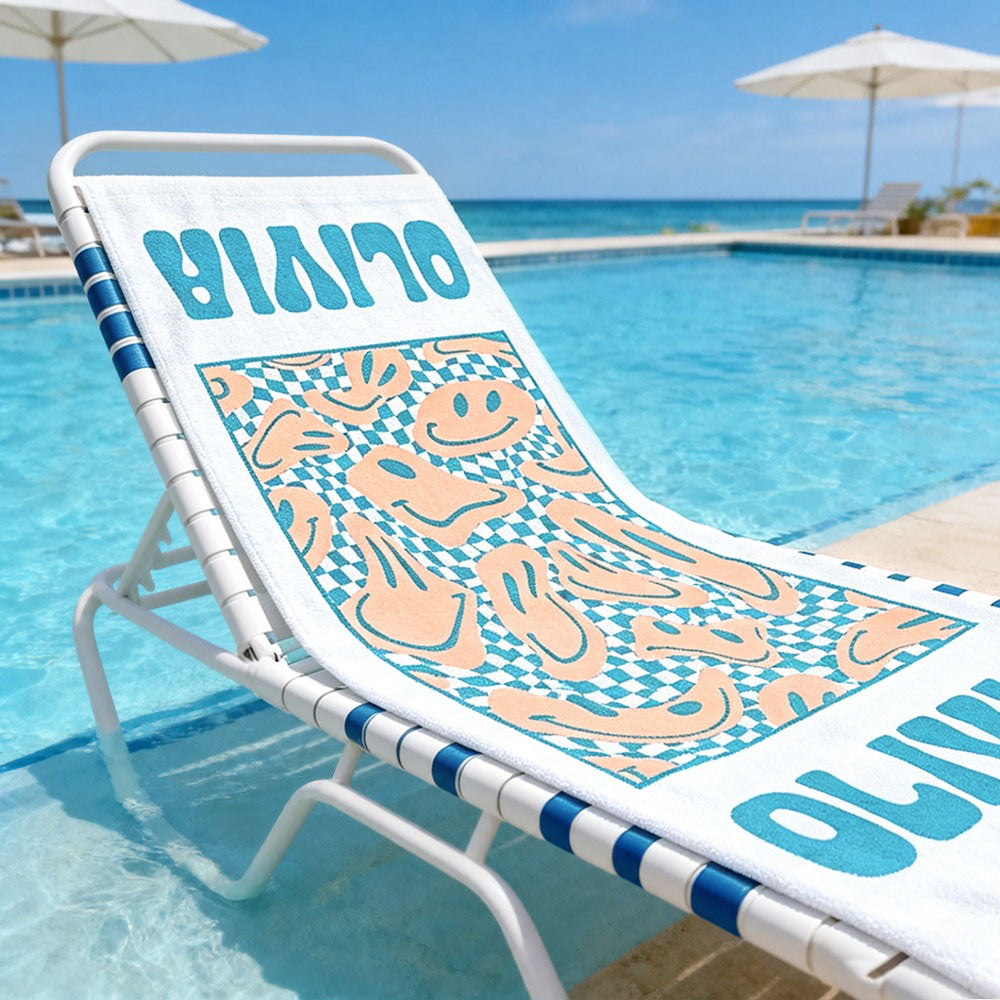 Personalized Retro Floral Smiley Face Custom Name Beach Towel Bachelorette Pool Party Girls Trip Gift