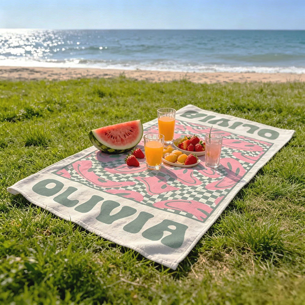 Personalized Retro Floral Smiley Face Custom Name Beach Towel Bachelorette Pool Party Girls Trip Gift