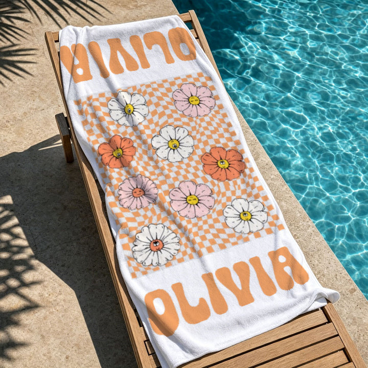 Personalized Retro Floral Smiley Face Custom Name Beach Towel Bachelorette Pool Party Girls Trip Gift