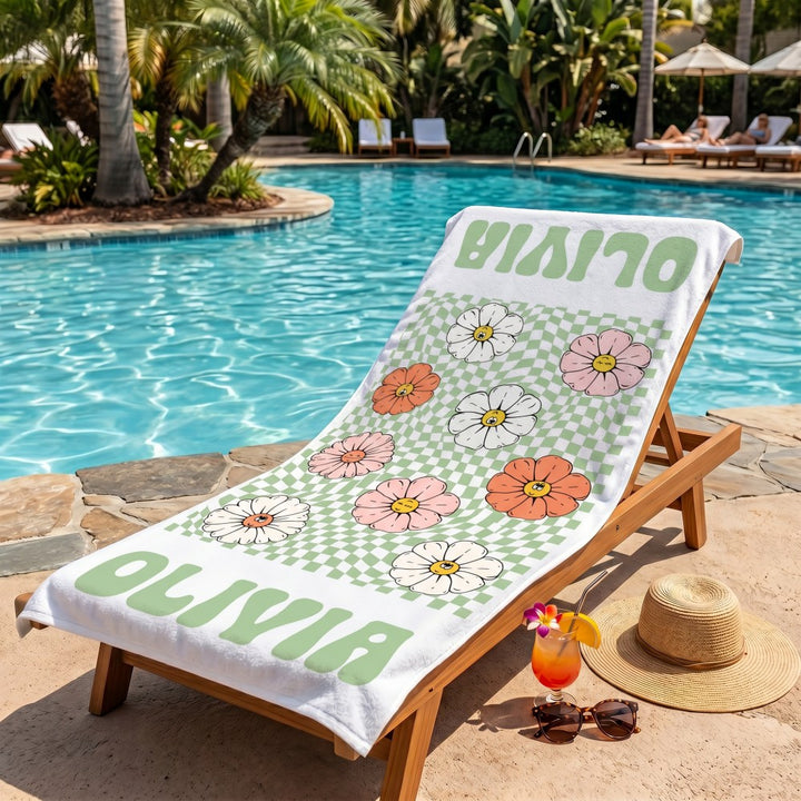 Personalized Retro Floral Smiley Face Custom Name Beach Towel Bachelorette Pool Party Girls Trip Gift