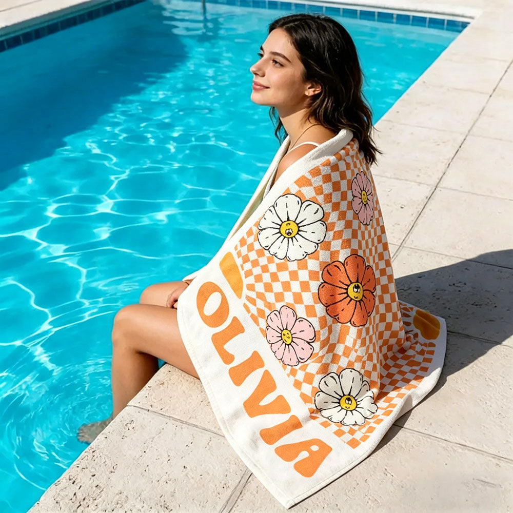 Personalized Retro Floral Smiley Face Custom Name Beach Towel Bachelorette Pool Party Girls Trip Gift