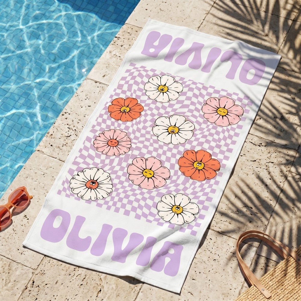 Personalized Retro Floral Smiley Face Custom Name Beach Towel Bachelorette Pool Party Girls Trip Gift