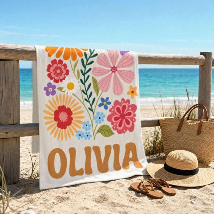 Personalized Retro Flower Custom Name Beach Towel Durable Towel for Beach Days Pool Trips Bachelorette Party Favors Perfect Gift for Her Kids