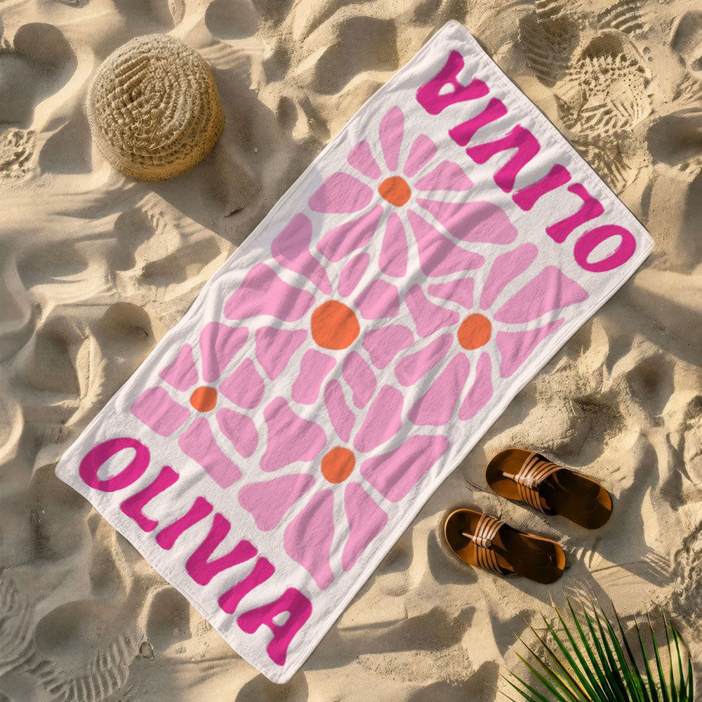 Personalized Retro Flower Custom Name Beach Towel Durable Towel for Beach Days Pool Trips Bachelorette Party Favors Perfect Gift for Her Kids