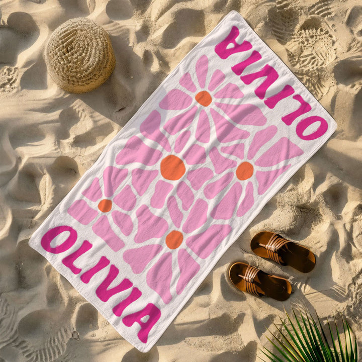 Personalized Retro Flower Custom Name Beach Towel Durable Towel for Beach Days Pool Trips Bachelorette Party Favors Perfect Gift for Her Kids