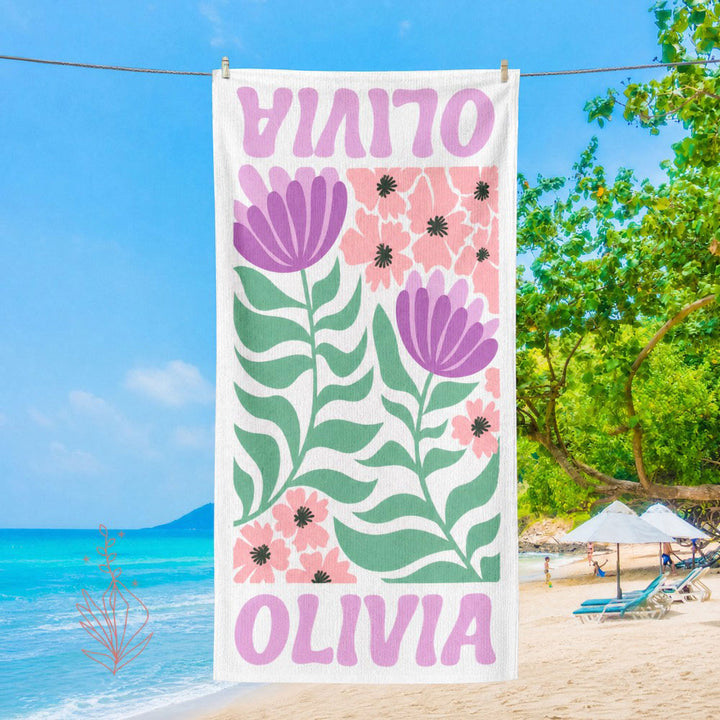 Personalized Retro Flower Custom Name Beach Towel Durable Towel for Beach Days Pool Trips Bachelorette Party Favors Perfect Gift for Her Kids