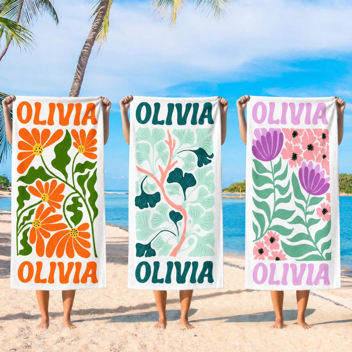 Personalized Retro Flower Custom Name Beach Towel Durable Towel for Beach Days Pool Trips Bachelorette Party Favors Perfect Gift for Her Kids