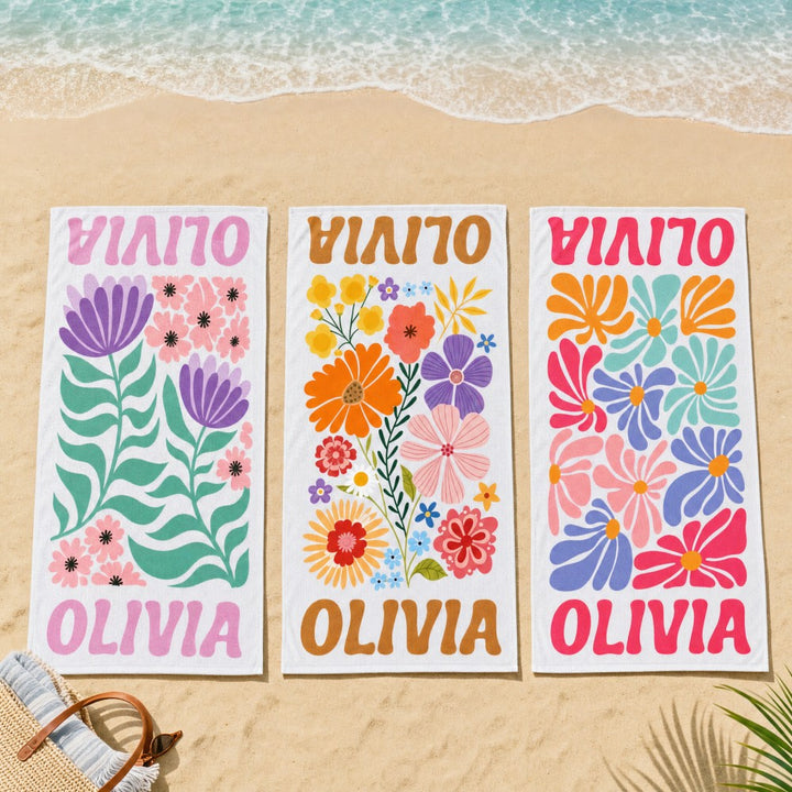 Personalized Retro Flower Custom Name Beach Towel Durable Towel for Beach Days Pool Trips Bachelorette Party Favors Perfect Gift for Her Kids