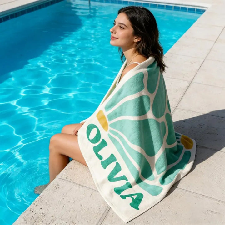 Personalized Retro Flower Custom Name Beach Towel Durable Towel for Beach Days Pool Trips Bachelorette Party Favors Perfect Gift for Her Kids