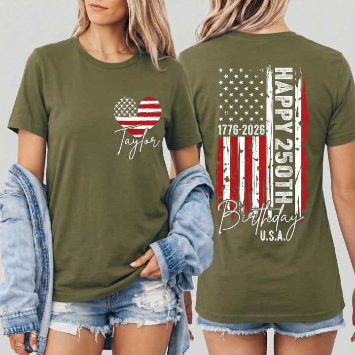 Personalized T-Shirt America 250th Anniversary 1776-2026 Independence Day Custom Name Tee Fourth of July Family Tees