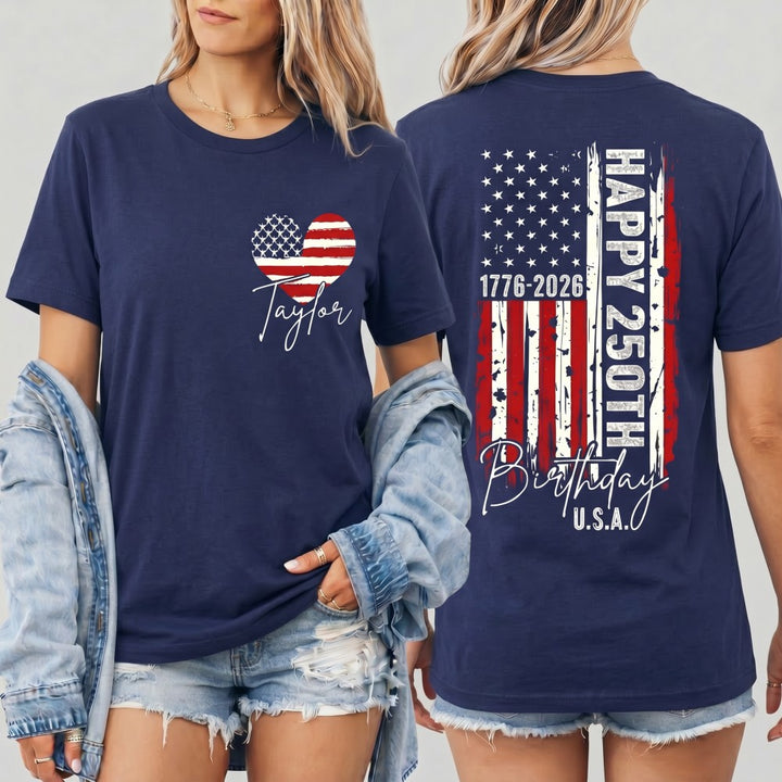 Personalized T-Shirt America 250th Anniversary 1776-2026 Independence Day Custom Name Tee Fourth of July Family Tees