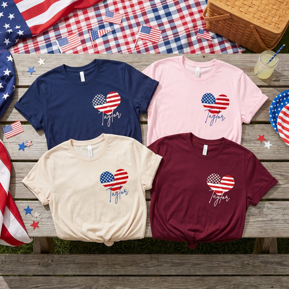 Personalized T-Shirt America 250th Anniversary 1776-2026 Independence Day Custom Name Tee Fourth of July Family Tees